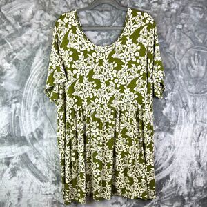Womens Olive Green Ivory Floral Plus Size Tunic 4X Cottagecore Boho Stretch Soft